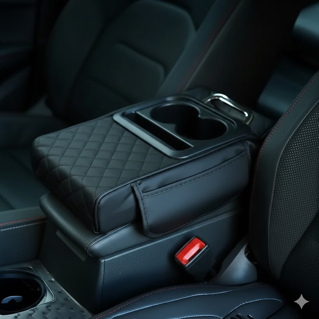 Premium Leather Car Cup Holder Console with Tissue Box