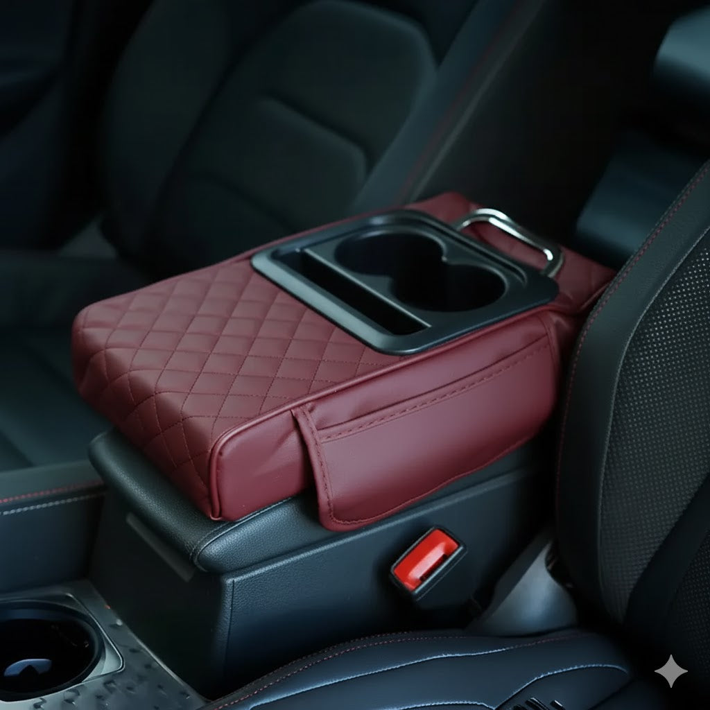Premium Leather Car Cup Holder Console with Tissue Box