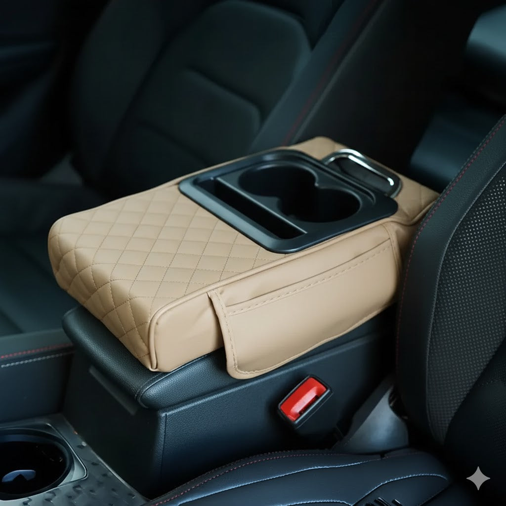 Premium Leather Car Cup Holder Console with Tissue Box