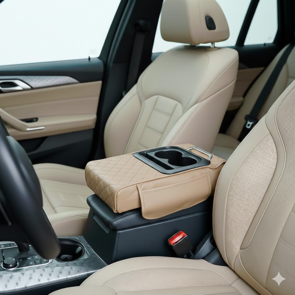 Premium Leather Car Cup Holder Console with Tissue Box