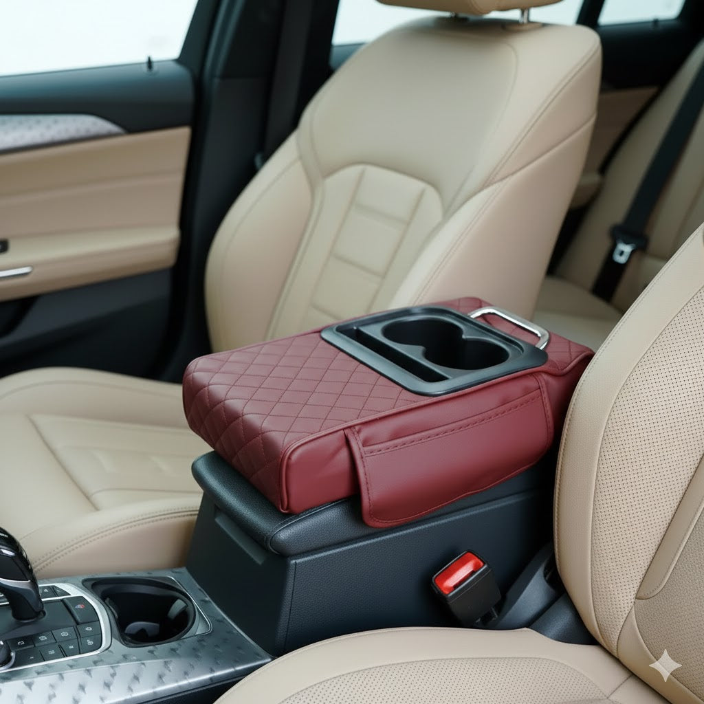 Premium Leather Car Cup Holder Console with Tissue Box